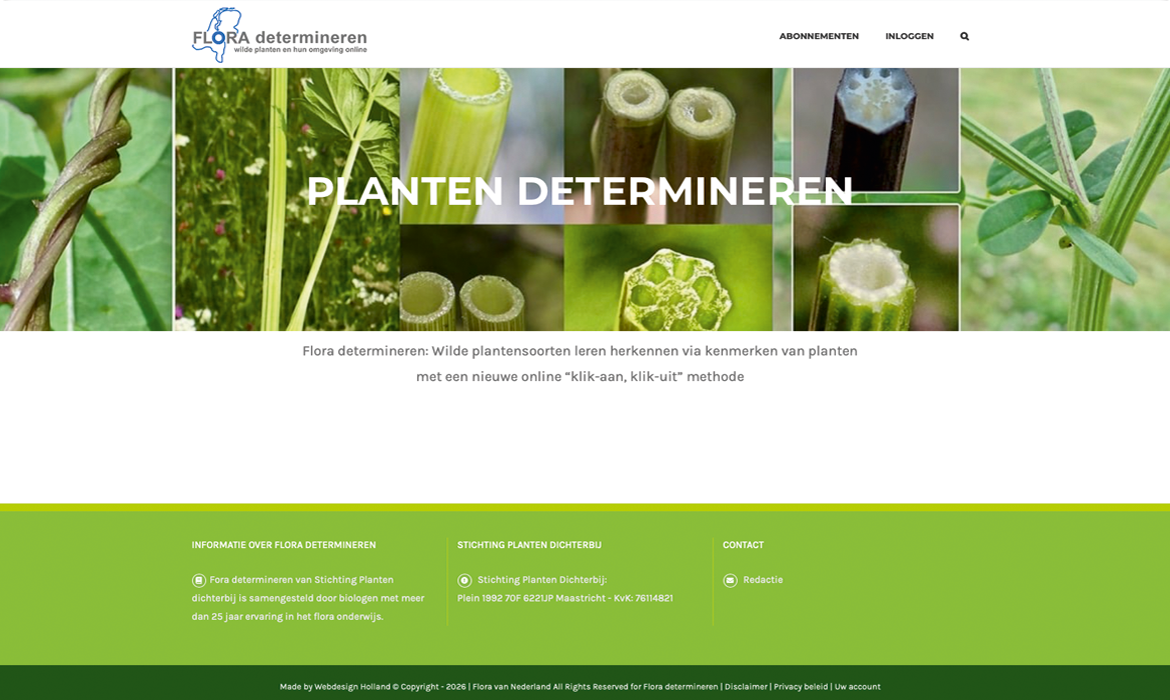 Cover floradetermineren - Webdesign Maastricht – Responsive en SEO-proof websites op maat Header hero collage of plant stems and cross-sections for Flora Determineren, with the title 'PLANTEN DETERMINEREN' overlaid and site navigation at the top.