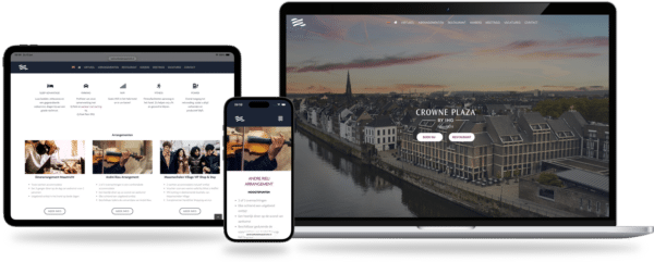 Responsive hotel website preview across devices: large laptop hero image of Crowne Plaza, tablet listing amenities, and phone showing a room arrangement page.