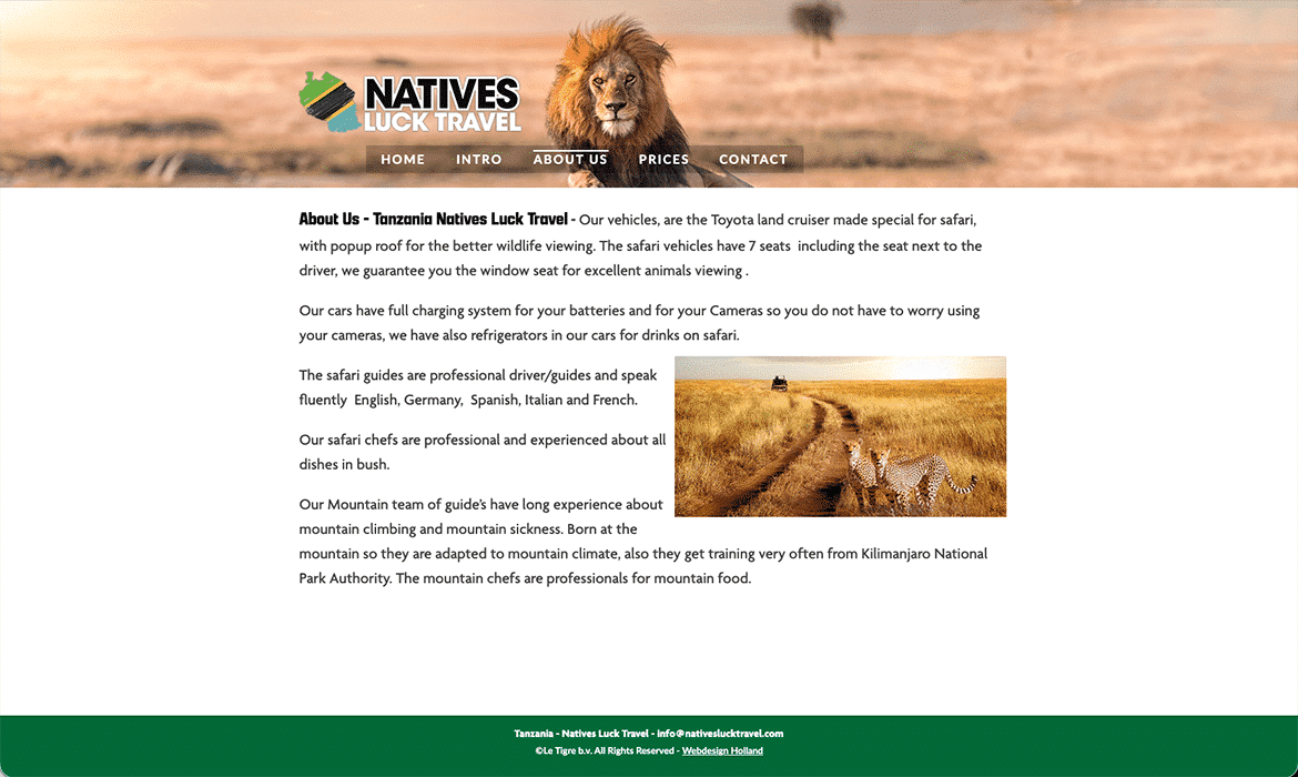 Natives Luck Travel header with logo, navigation, and a lion on the savannah behind the menu.