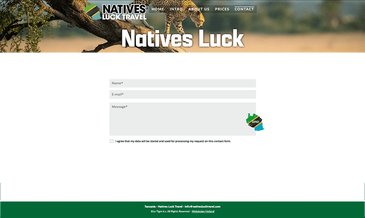 Natives Luck Travel contact page banner with a leopard in a tree and a form requesting Name, E‑mail, and Message with a Send button