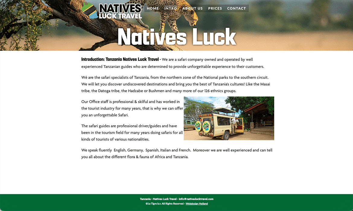 Natives Luck Travel homepage with a leopard in a tree above the 'Natives Luck' title and a safari vehicle image beside the intro text.