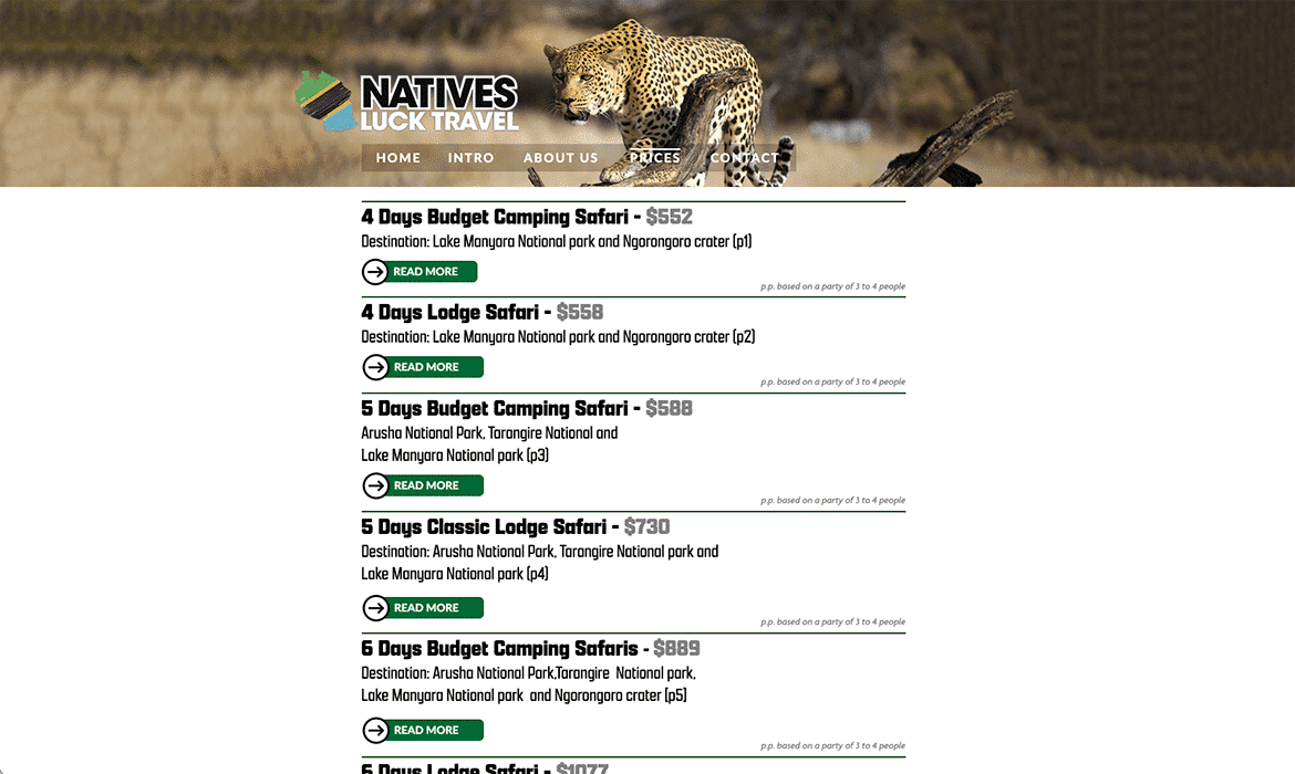 Header for Natives Luck Travel with a leopard image and navigation menu (Home, Intro, About Us, Prices, Contact) in a safari-themed banner.