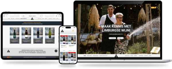 comp-limburgse wijnen - Webdesign Maastricht – Responsive en SEO-proof websites op maat Responsive mockup showing a Limburgse wine shop homepage on laptop, tablet, and phone.