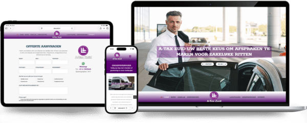 Responsive devices showcasing a taxi company site (desktop, tablet, and smartphone) with purple branding and a man at a car door in the hero image.