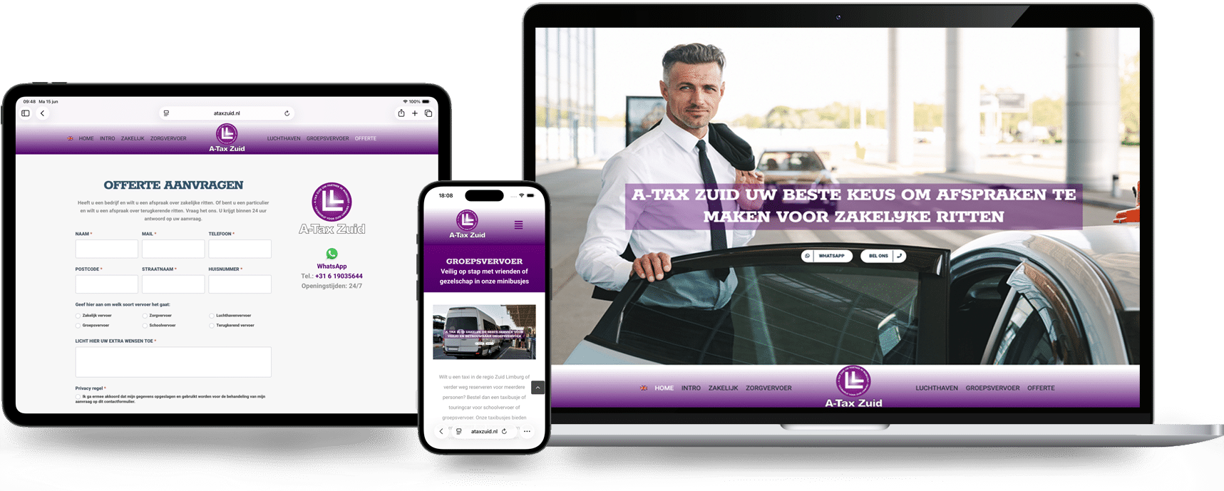 Responsive devices showcasing a taxi company site (desktop, tablet, and smartphone) with purple branding and a man at a car door in the hero image.