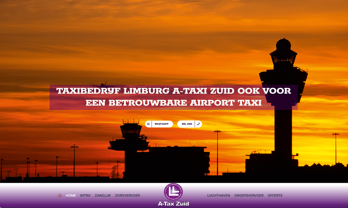 Sunset airport scene with silhouetted control tower and bold Dutch banner: offering a reliable airport taxi from A-Tax Zuid, with WhatsApp and call buttons visible