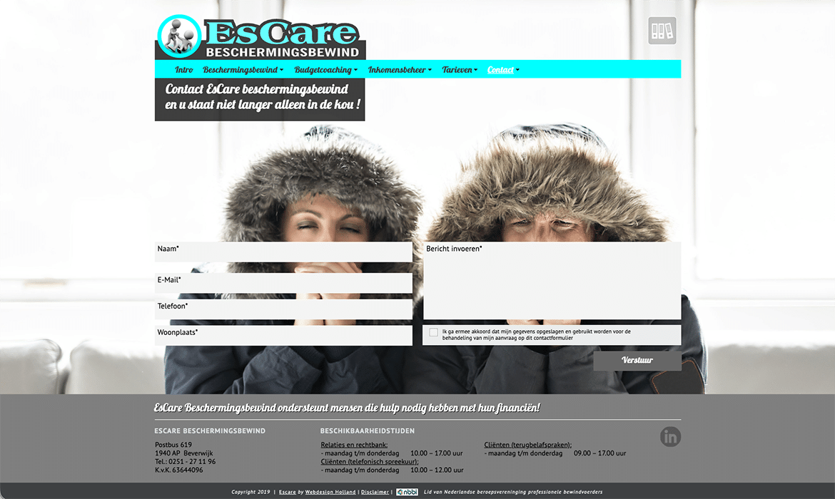 Hero image: two people in fur hats behind a contact form on a Dutch site (Naam, E-mail, Telefoon, Woonplaats fields) with a right message box and a 'Verstuur' button.