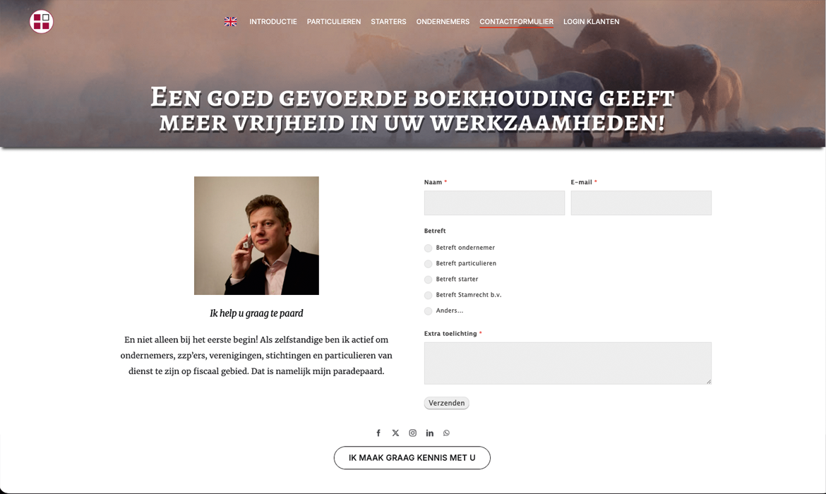 Contact Fiscaalburo Benny van den Brink - Webdesign Maastricht – Responsive en SEO-proof websites op maat Webpagina: hero met paardenbanner en een twee-kolom contactformulier; links een portret van een man met de tekst 'Ik help u graag te paard' en rechts velden voor naam, e-mail, onderwerp en toelichting (screenshot van de contactpagina).