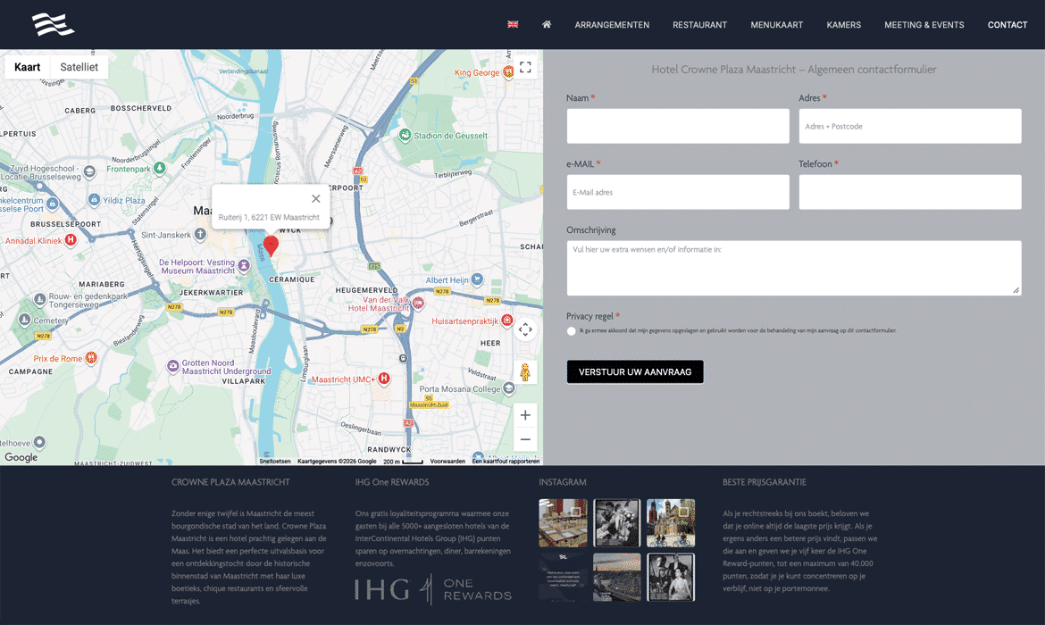 Map showing Maastricht with a pin at Ruiterij 1, 6221 EW Maastricht, beside a grey hotel contact form labeled 'Hotel Crowne Plaza Maastricht — Algemeen contactformulier' with fields for name, address, e-mail, phone, a description, and a 'VERSTUUR UW AANVRAAG' button.