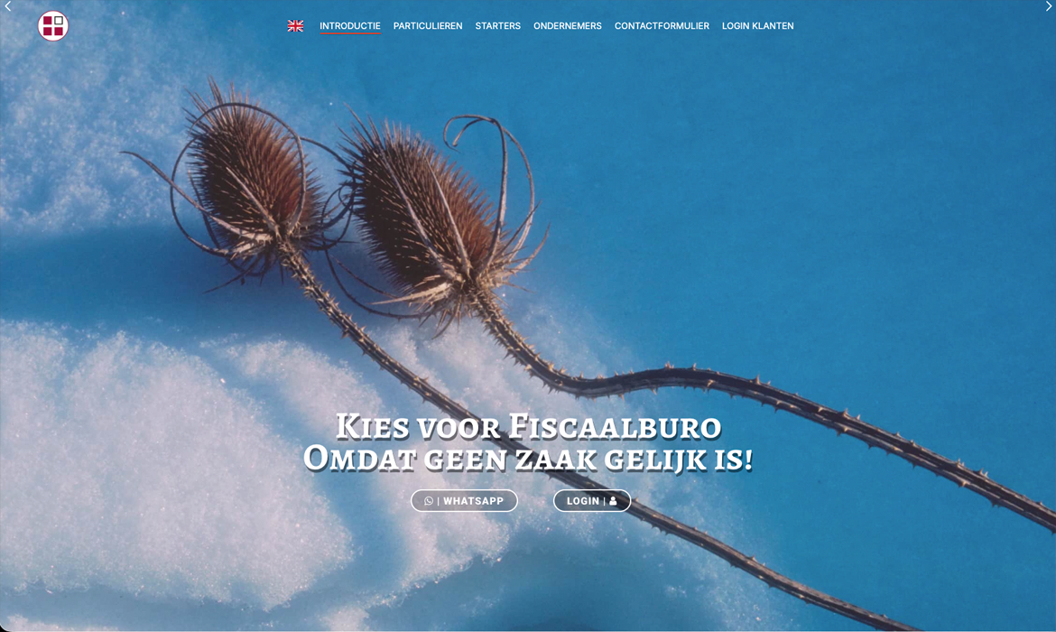Cover1 Fiscaalburo Benny van den Brink - Webdesign Maastricht – Responsive en SEO-proof websites op maat Hero banner for a fiscal office site: blue background, two dried plants in snow, Dutch slogan 'Kies voor Fiscalburo omdat geen zaak gelijk is', plus WhatsApp and Login buttons.