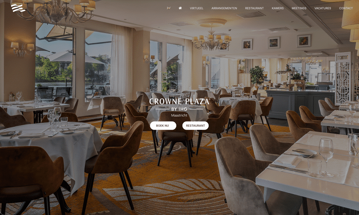 Luxurious hotel restaurant interior with white-tablecloth tables, brown chairs, and chandeliers; overlay text reads Crowne Plaza Maastricht with booking buttons on screen.