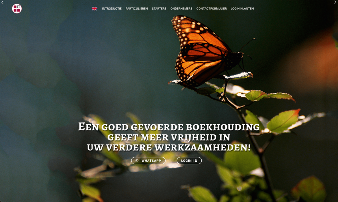 Cover4 Cabinet fiscal Benny van den Brink - Webdesign Maastricht – Responsive en SEO-proof websites op maat Un papillon posé sur une brindille, sur fond vert flou ; un titre en néerlandais vantant une plus grande liberté en matière de comptabilité.