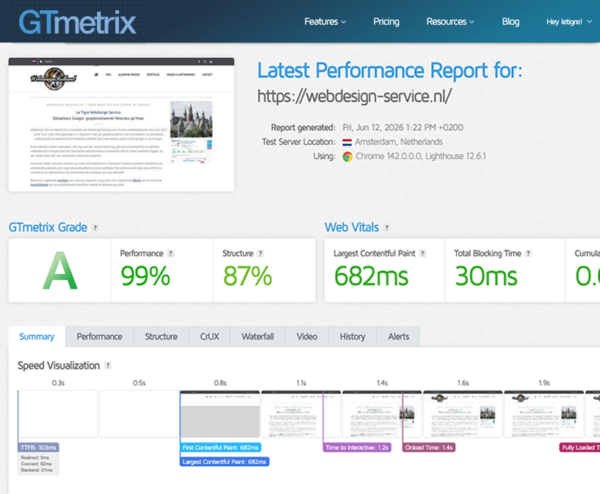 GT Metrix - Webdesign Maastricht – Responsive en SEO-proof websites op maat GTmetrix performance report with grade A and metrics: Performance 99%, Structure 87%, LCP 682ms, TBT 30ms, plus speed timeline described in the header.