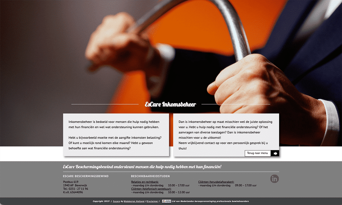 Hero banner showing a person in a dark suit gripping a metal handrail, with the site name EsCare Inkomensbeheer overlaid and two speech-bubble-like panels of Dutch text in the foreground.