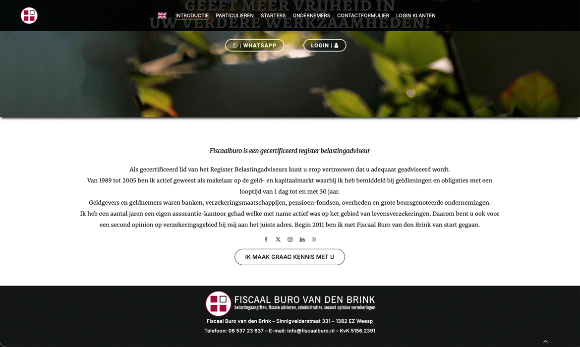 Intro Fiscaalburo Benny van den Brink - Webdesign Maastricht – Responsive en SEO-proof websites op maat Hero banner of a tax advisory site: blurred greenery background, circular logo on the left, dark header with navigation, and centered WhatsApp/Login buttons.