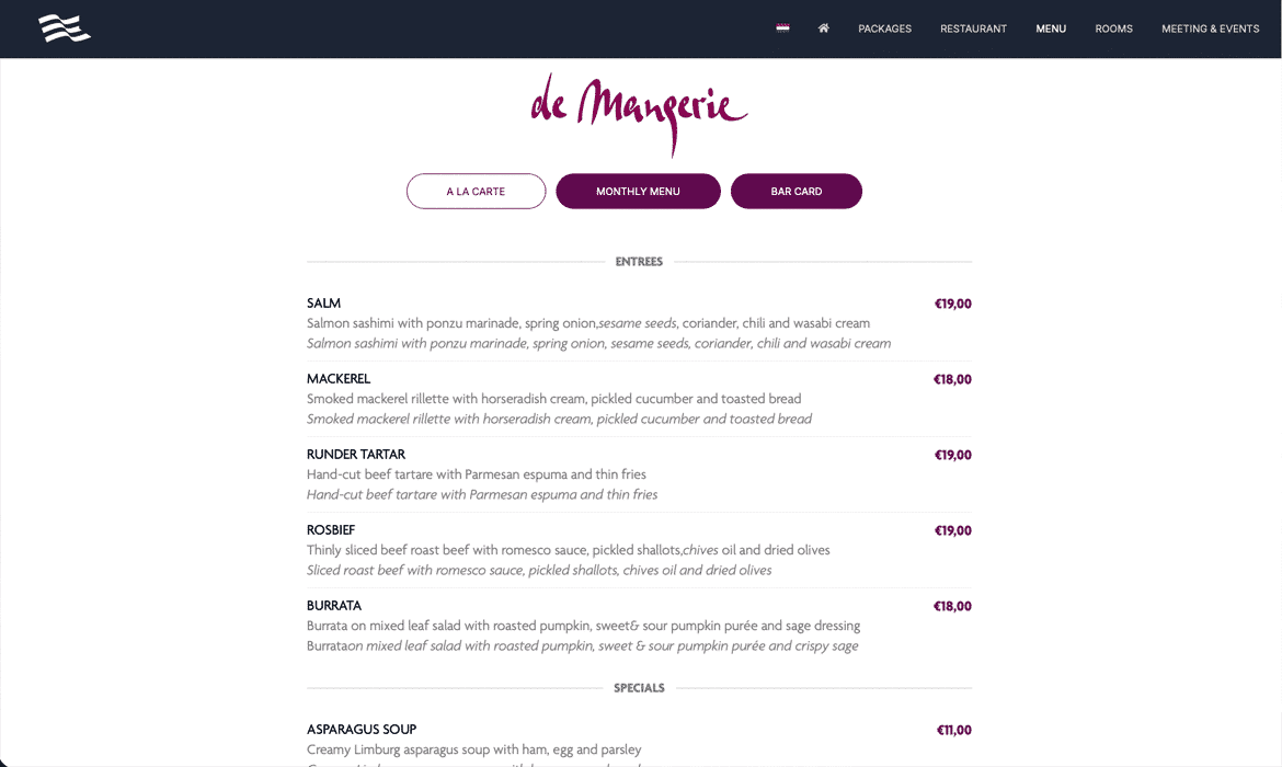Online restaurant menu page showing entrees with item names, descriptions, and € prices