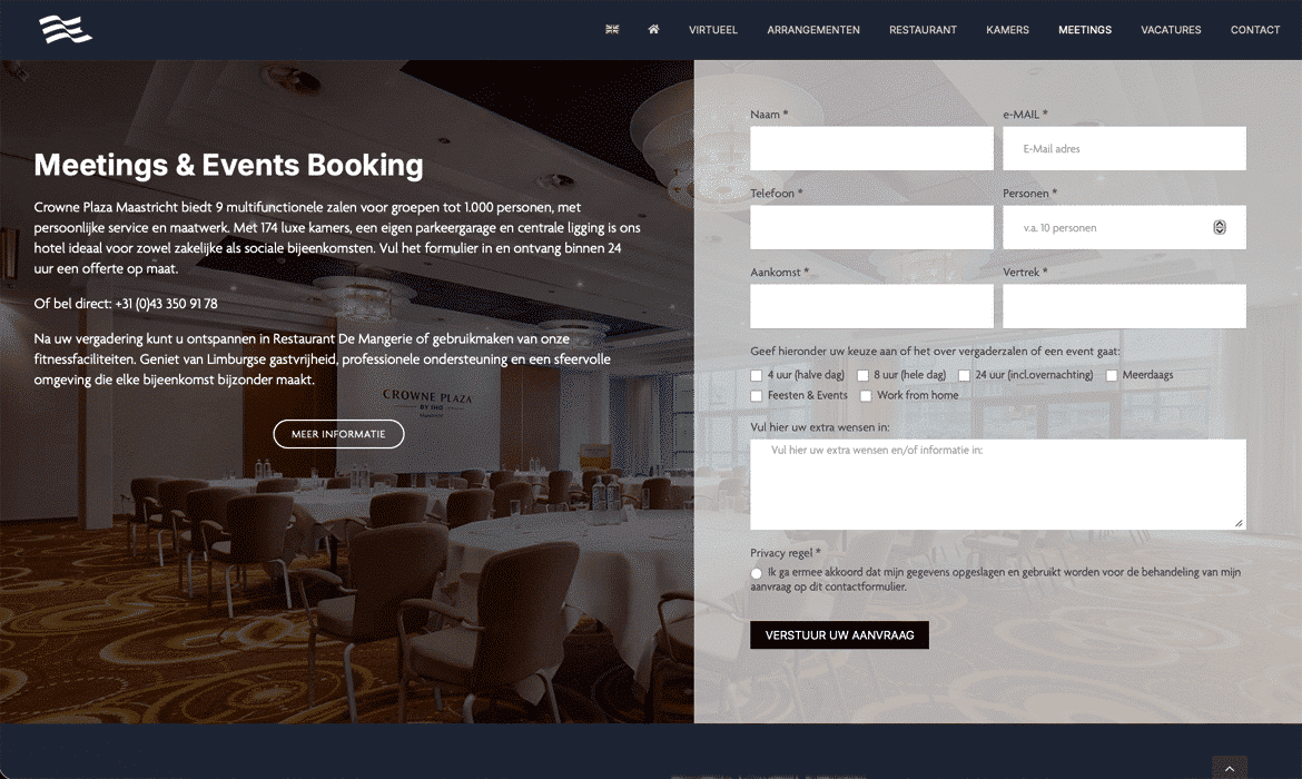 Hero banner for Meetings & Events Booking with a conference-room background and a right-side booking form.