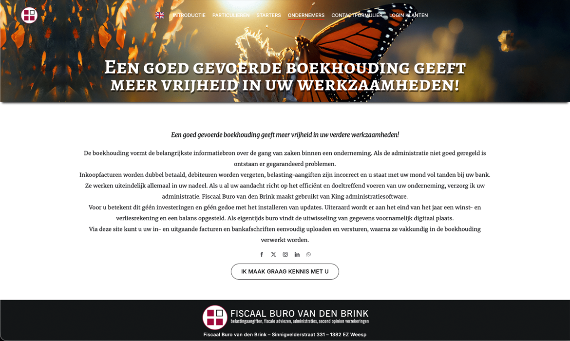 Ondernemers Fiscaalburo Benny van den Brink - Webdesign Maastricht – Responsive en SEO-proof websites op maat Hero banner with a monarch butterfly on a warm background and Dutch slogan about bookkeeping freedom: 'Een goed gevoerde boekhouding geeft meer vrijheid in uw werkzaamheden.'