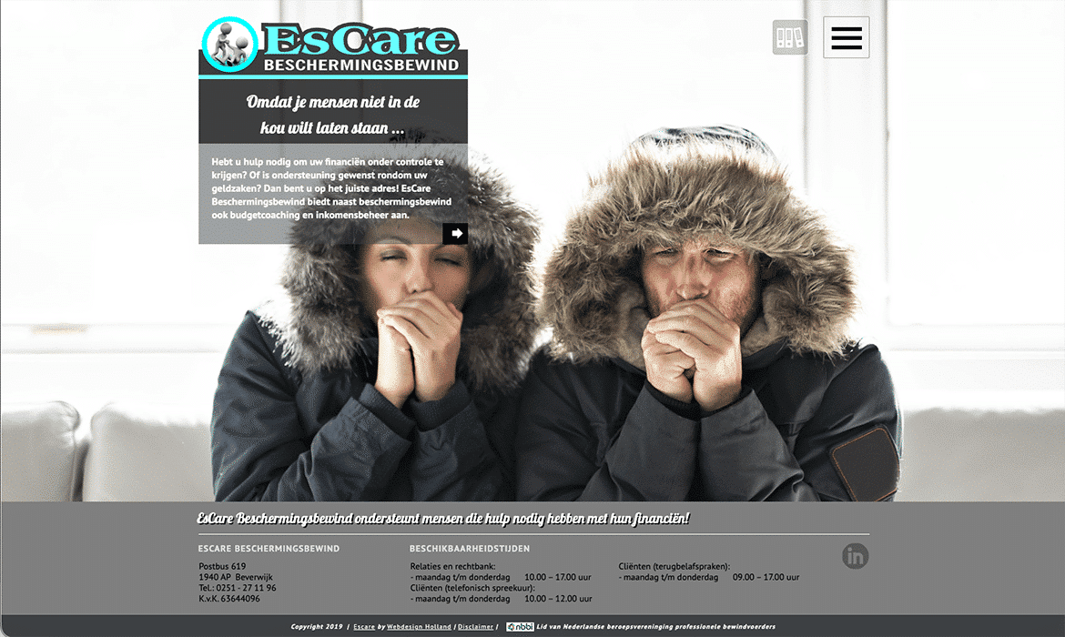 Hero banner for ESCARE site: two people in fur-lined winter coats covering their mouths, with the ESCARE logo and a dark informational overlay in the top left.