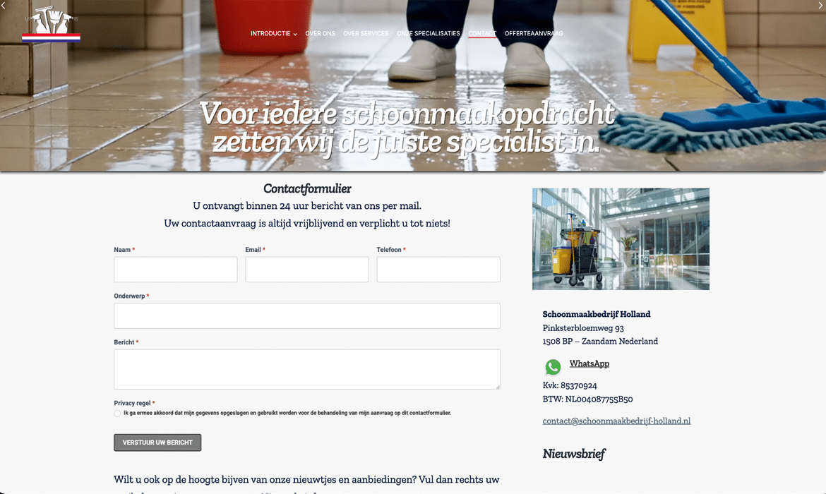 Hero header showing a janitor mopping a wet floor with an overlaid Dutch slogan.