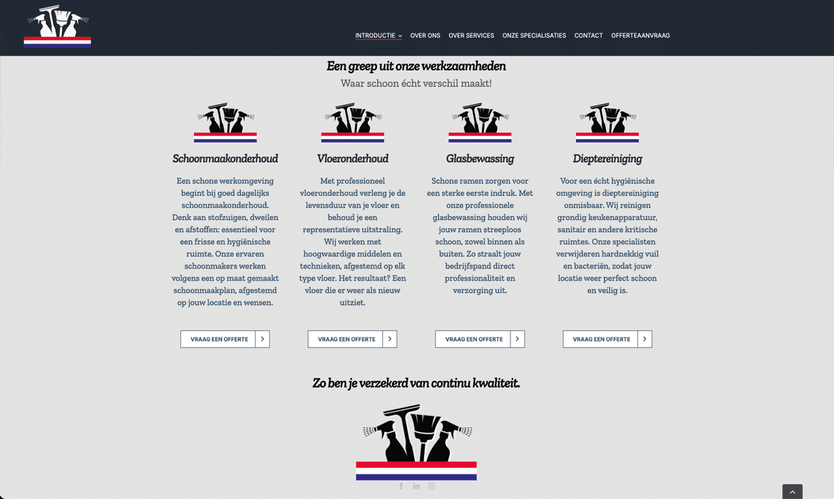 Vier servicekaarten van een schoonmaakbedrijf: schoonmaakonderhoud, vloerenonderhoud, glasbewassing en diepte-reiniging met offerteknopje aan elke kaartjeekens button 'Vraag een offerte'.
