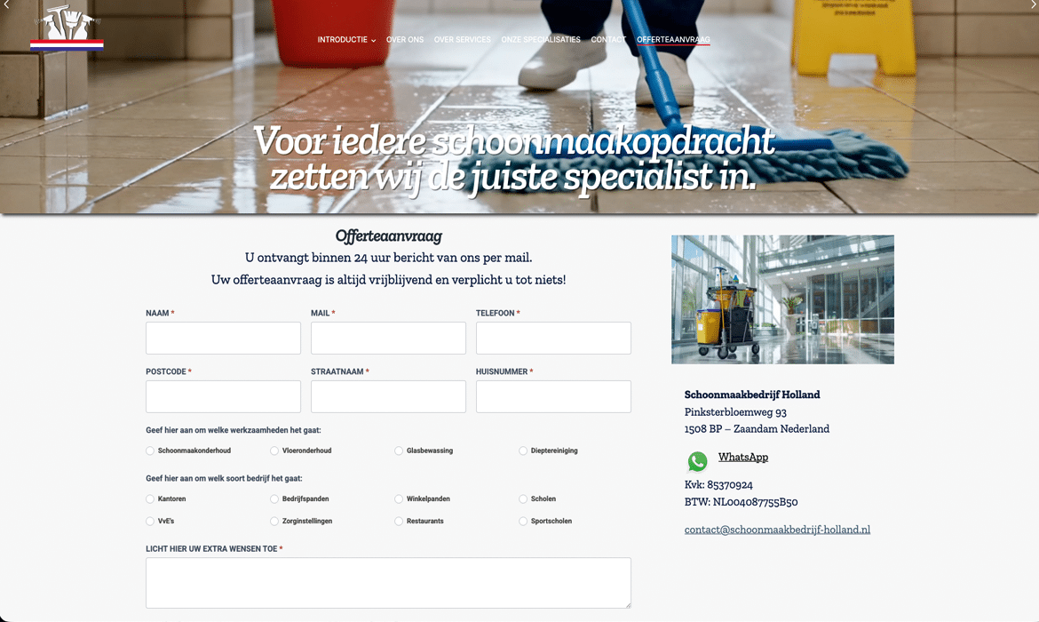 Hero image promoting cleaning services: a janitor mopping a tiled floor with bold Dutch headline text.