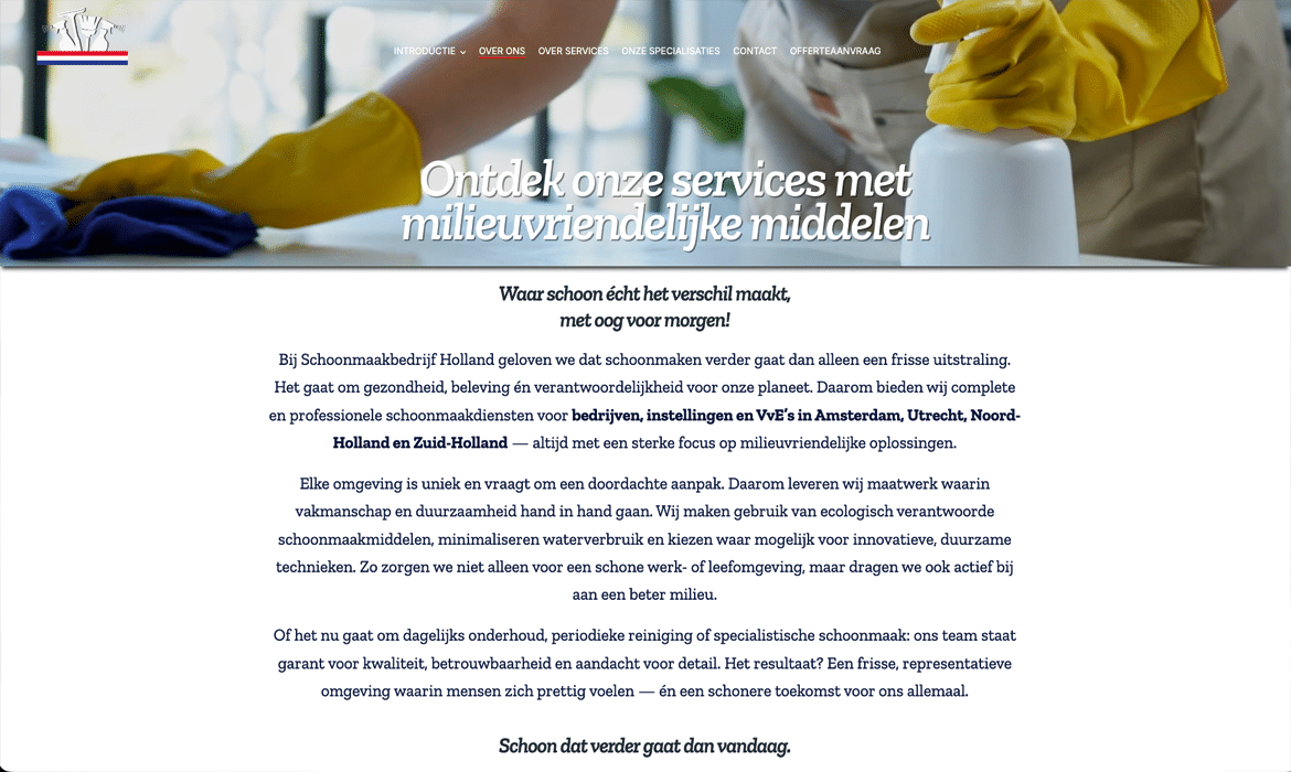 Eco-friendly cleaning services hero image: gloved hands spraying cleaner in a bright setting, with Dutch text overlay about services.
