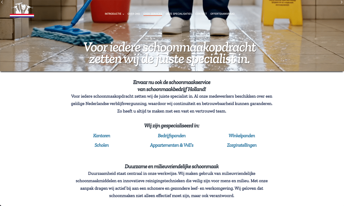 Hero image of a janitor mopping a tiled floor with the Dutch headline 'Voor iedere schoonmaakopdracht zetten wij de juiste specialist in.' overlaid on top.