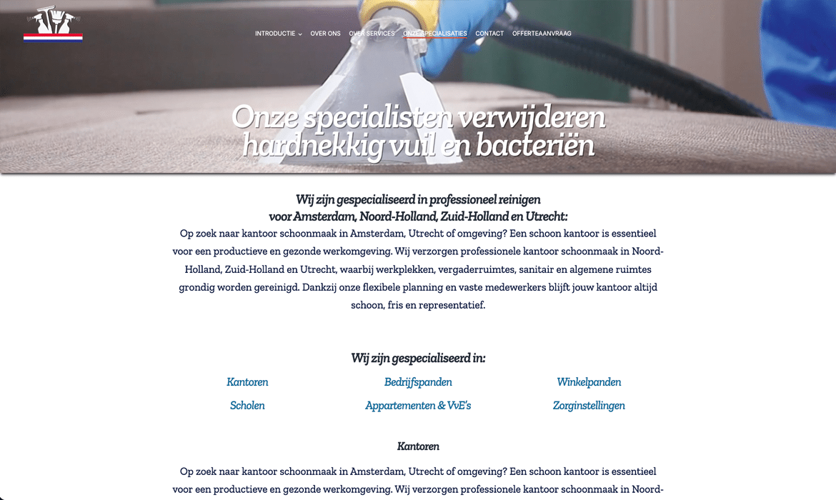 Schoonmaakprofessional in actie met een reinigingsapparaat; overlaytekst: Onze specialisten verwijderen hardnekkig vuil en bacteriën