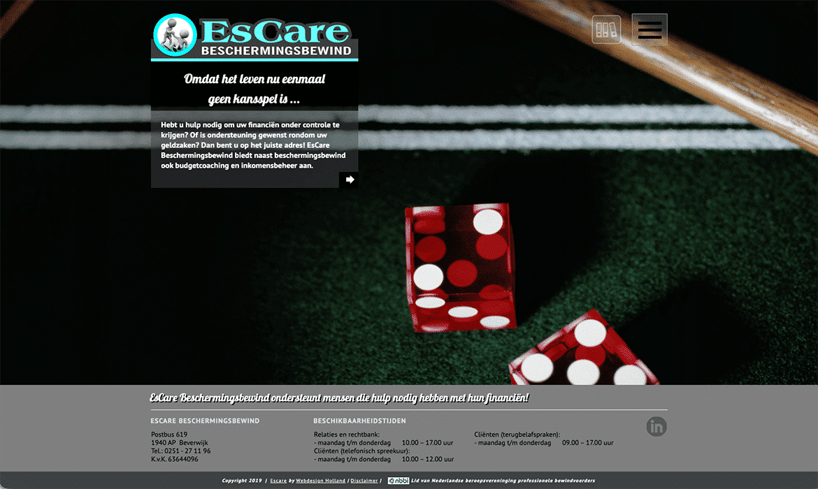 Hero section with the ESCare logo and Dutch slogan, overlaid on a dark background with red dice, conveying financial help available.
