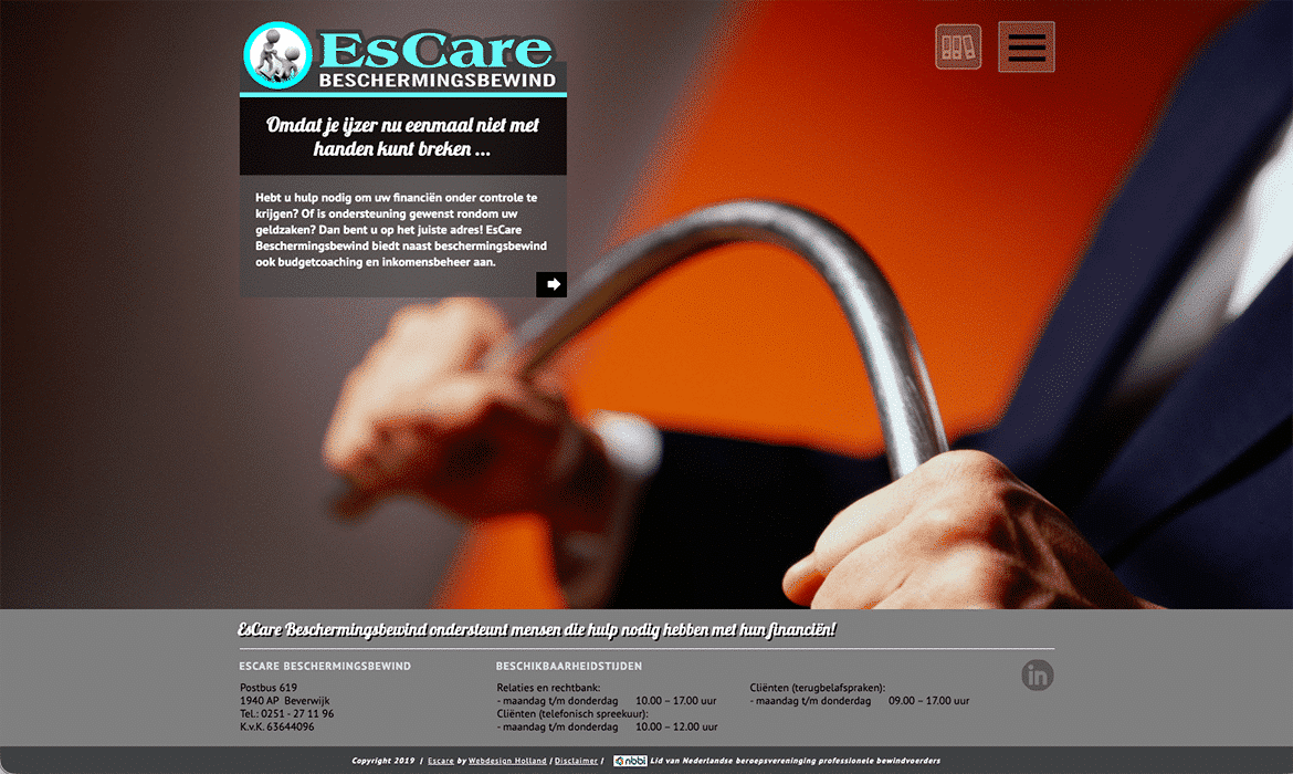 EsCare hero image: close-up of a businessperson's hands gripping a curved metal bar, with the logo and a dark information panel.