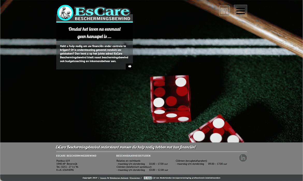 EsCare logo and promotional panel over a dark hero image with red dice on a green felt surface, suggesting a gambling/betting theme.