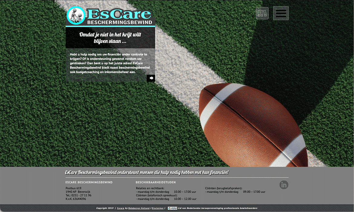 EsCare homepage header with turquoise logo on a football-field background and a dark information popup box on the left.