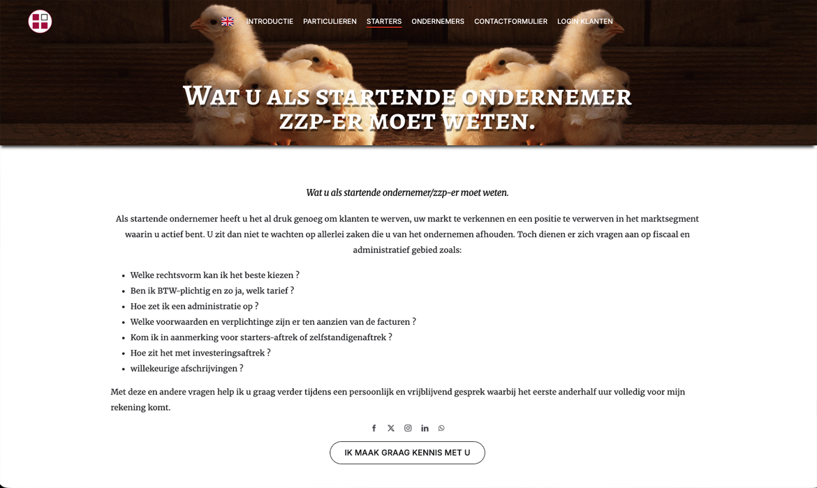 Starters Fiscaalburo Benny van den Brink - Webdesign Maastricht – Responsive en SEO-proof websites op maat Hero banner with ducklings and bold Dutch title about what starting entrepreneurs/zzp'ers should know, on a dark wooden background.