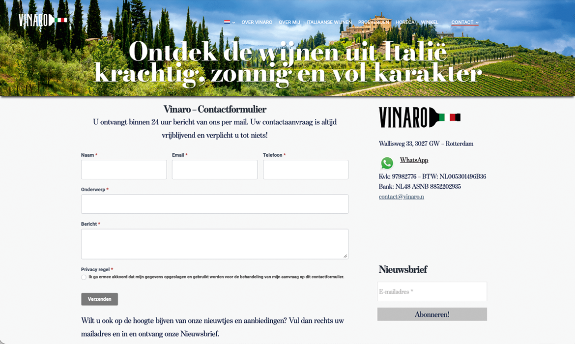 Formulaire de contact Vinaro - Webdesign Maastricht – Responsive en SEO-proof websites op maat Bannière héroïque : colline de vignobles italiens avec un titre néerlandais en gras promouvant les vins italiens sur le site Vinaro.