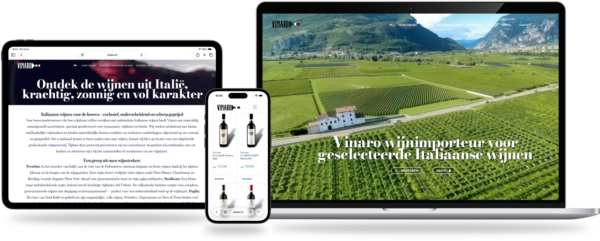 Vinaro Italiaanse wijnimporteur - Webdesign Maastricht – Responsive en SEO-proof websites op maat Appareils adaptatifs affichant le site web d'une marque de vin sur un ordinateur portable, une tablette et un téléphone, avec un vignoble en arrière-plan.