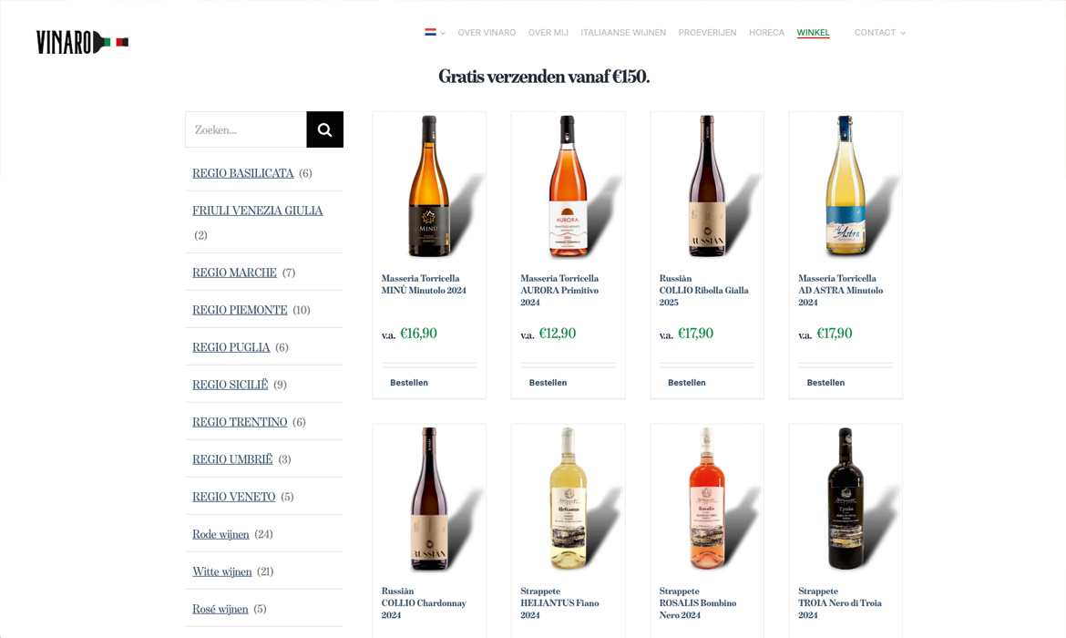 Catégories de produits Vinaro - Webdesign Maastricht – Responsive en SEO-proof websites op maat Grille de produits Vinaro présentant plusieurs bouteilles de vin à vendre, chacune avec son nom, son prix et un bouton de commande (Order).
