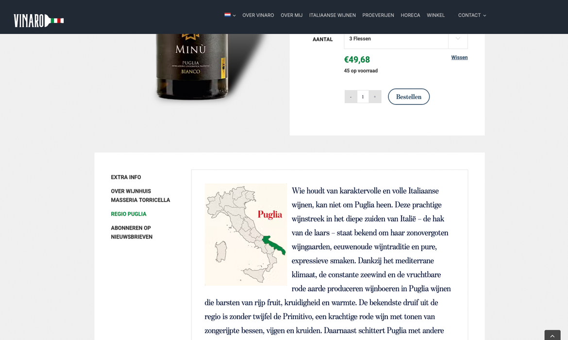 Produit Vinaro page-table2 - Webdesign Maastricht – Responsive en SEO-proof websites op maat Image de produit d'une bouteille de vin des Pouilles sur fond blanc, indiquant le prix de 49,68 € et les commandes d'ajout au panier à proximité.