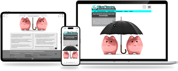 Website hero across devices: two pink piggy banks under an umbrella, shown on laptop and mobile screens for financial protection services.