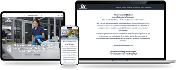 Hero section showing cleaning staff at work for Schoonmaakbedrijf Holland, displayed across laptop, tablet, and mobile screens (responsive homepage).