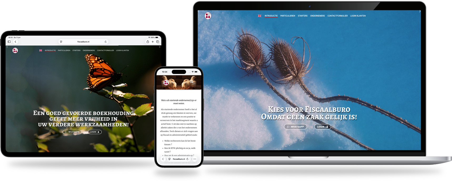 - Webdesign Maastricht – Responsive en SEO-proof websites op maat Tablet hero: butterfly on leaves with Dutch headline about good bookkeeping granting freedom (informative).