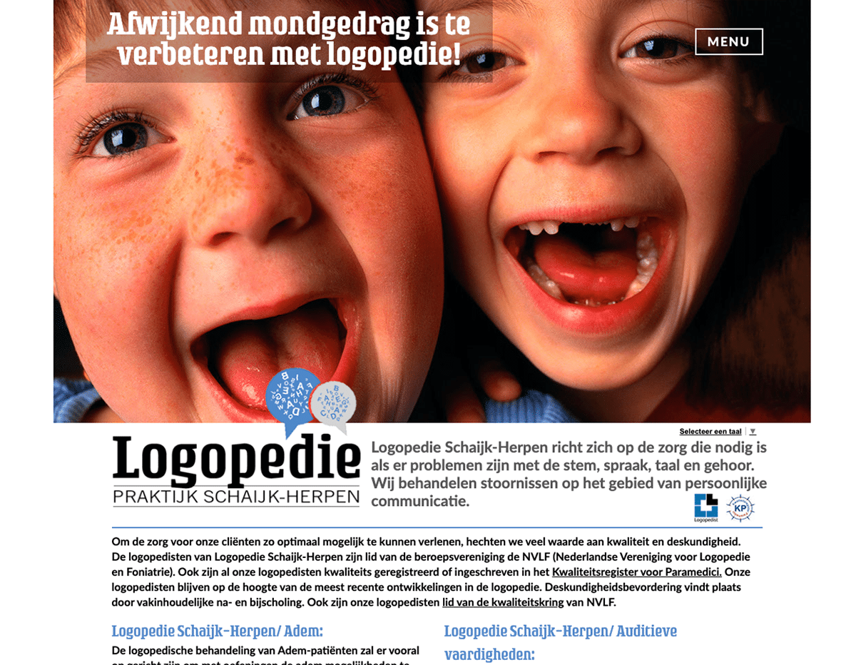 Two smiling children up close with mouths open, overlaid by a banner text about improving mouth behavior with speech therapy; a MENU button visible in the corner.