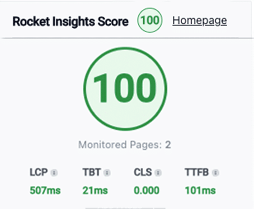 Rocket Insights Score: 100 badge with Monitored Pages: 2; LCP 507ms, TBT 21ms, CLS 0.000, TTFB 101ms.