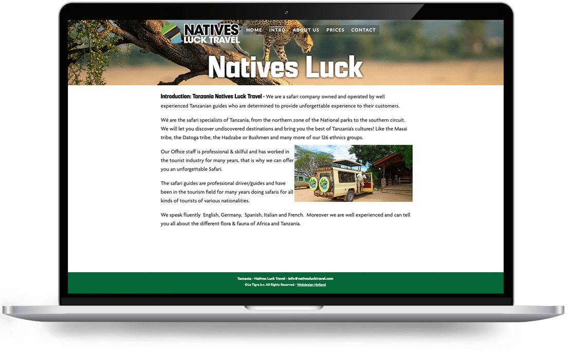 Homepage for Natives Luck Travel featuring the "Native's Luck" header and an introductory safari text with a small photo of a jeep embedded in the content area._- concise and informative
