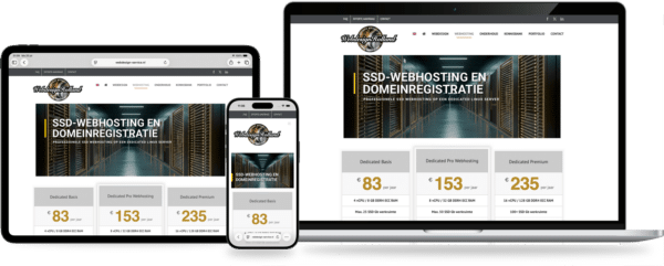 Responsive site mockup for a hosting service showing a hero banner'SSD-WEBHOSTING EN DOMEINREGISTRATIE' and three pricing cards (€83, €153, €235 per jaar).