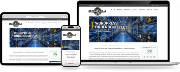 Responsive montage showing a WordPress maintenance service webpage on desktop, tablet, and mobile screens with a blue tech banner and logo.