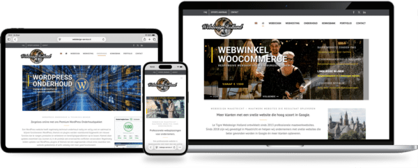 Responsive web design showcase across devices: laptop, tablet, and smartphone displaying WebdesignHolland site headlines and images