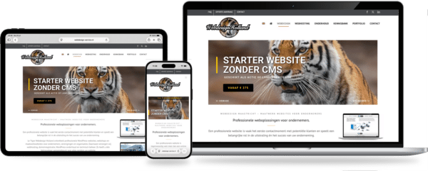 Responsive devices (laptop, tablet, and phone) display a tiger hero image on a Dutch web design agency homepage.